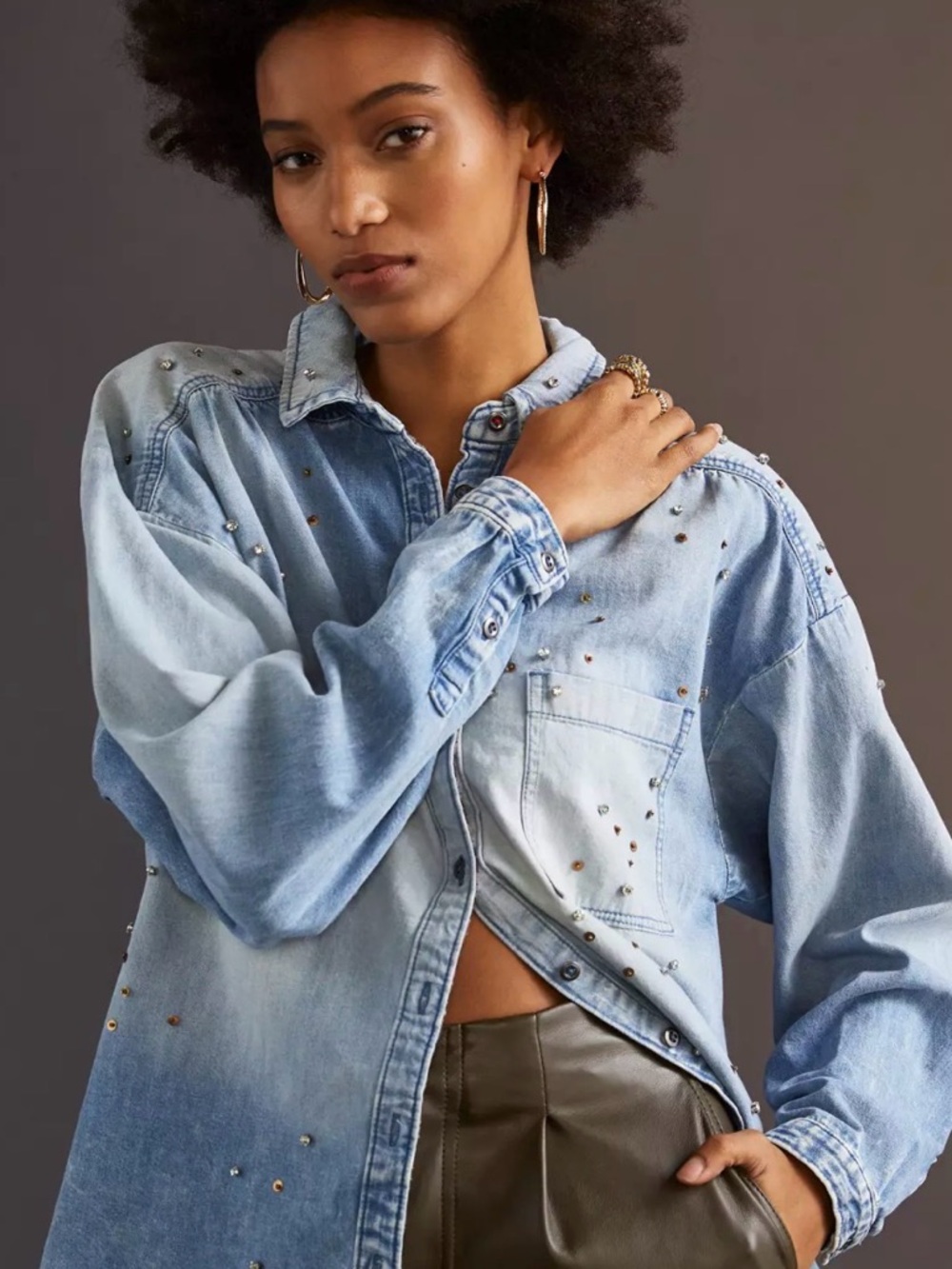 Anthropologie Pilcro Bo Boyfriend denim studded button down shirt